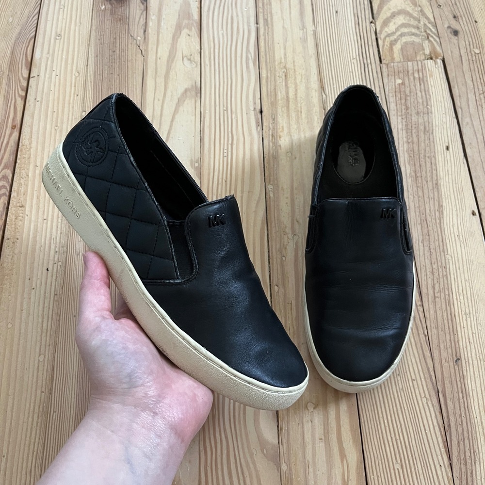 Michael Kors Black Quilted Leather Slip On Sneaker Platform Flats MK Logo sz 6.5